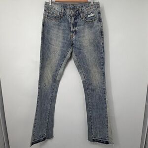 MNML Blue Wash Flare Denim Button Fly Distressed Raw Hem Jeans Size 29